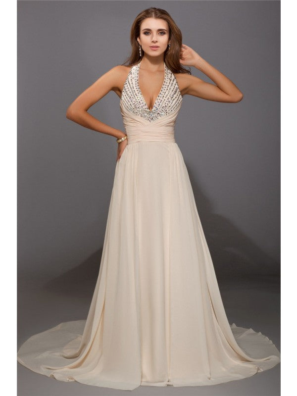 Sexy V-neck beaded sleeveless long chiffon dress