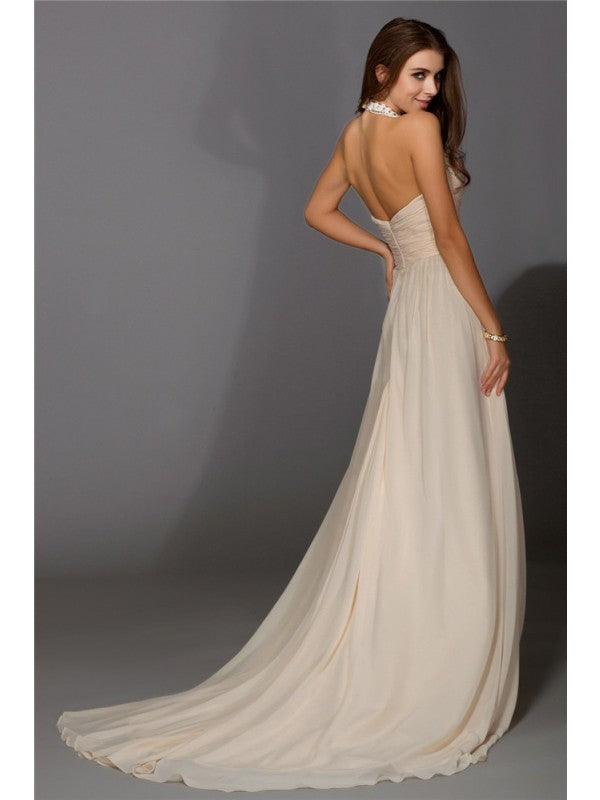 Sexy V-neck beaded sleeveless long chiffon dress