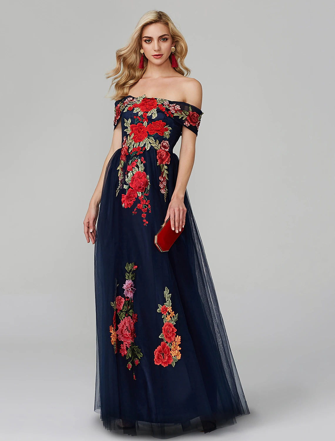 A-shaped floral dress for wedding guests ball and floor length sleeveless off shoulder lace sheer with embroidered stickers