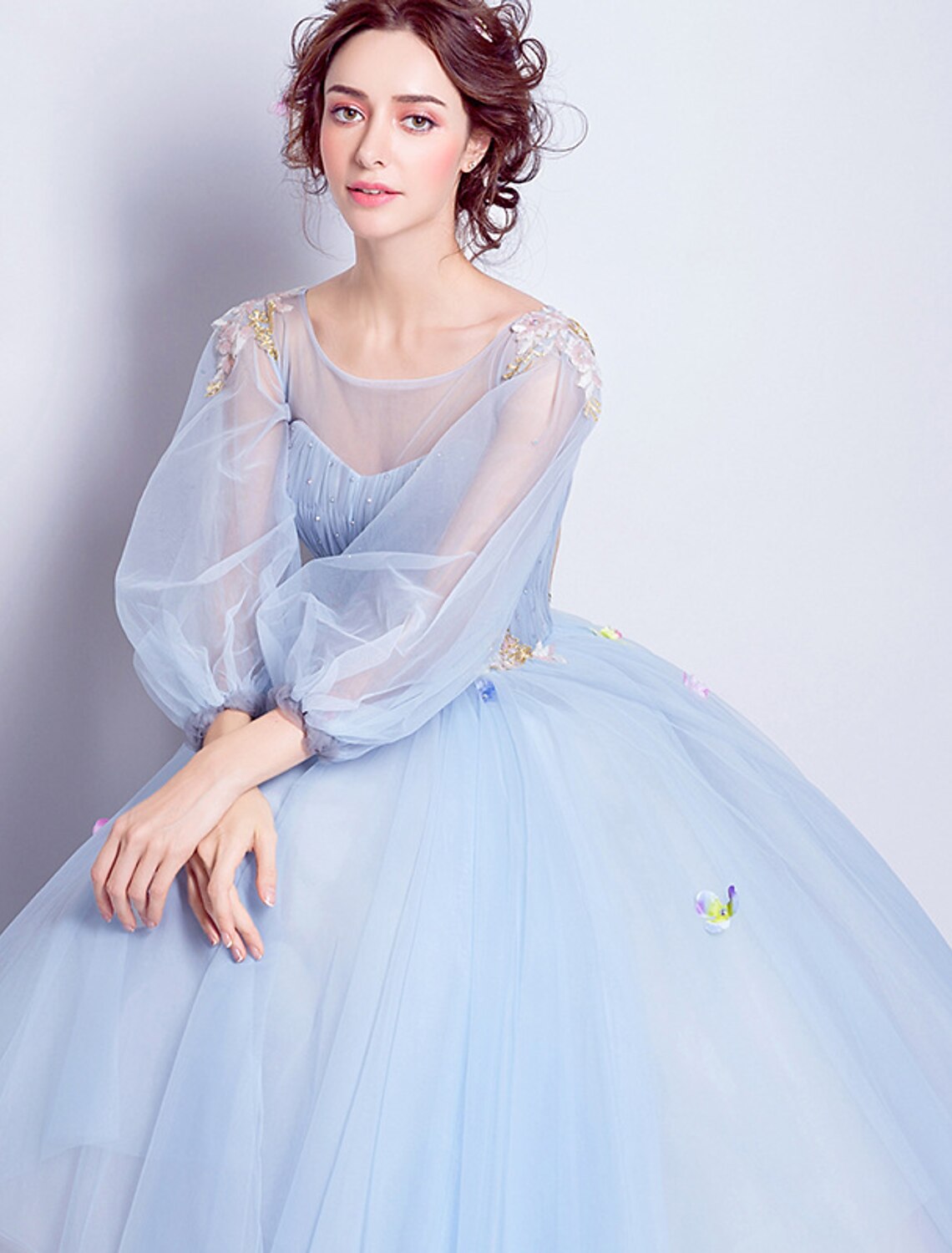 Ball Dress Elegant Adult Wedding Engagement Floor length 3/4 Long Sleeve Phantom Neckline Thin Gauze with Folded Applique