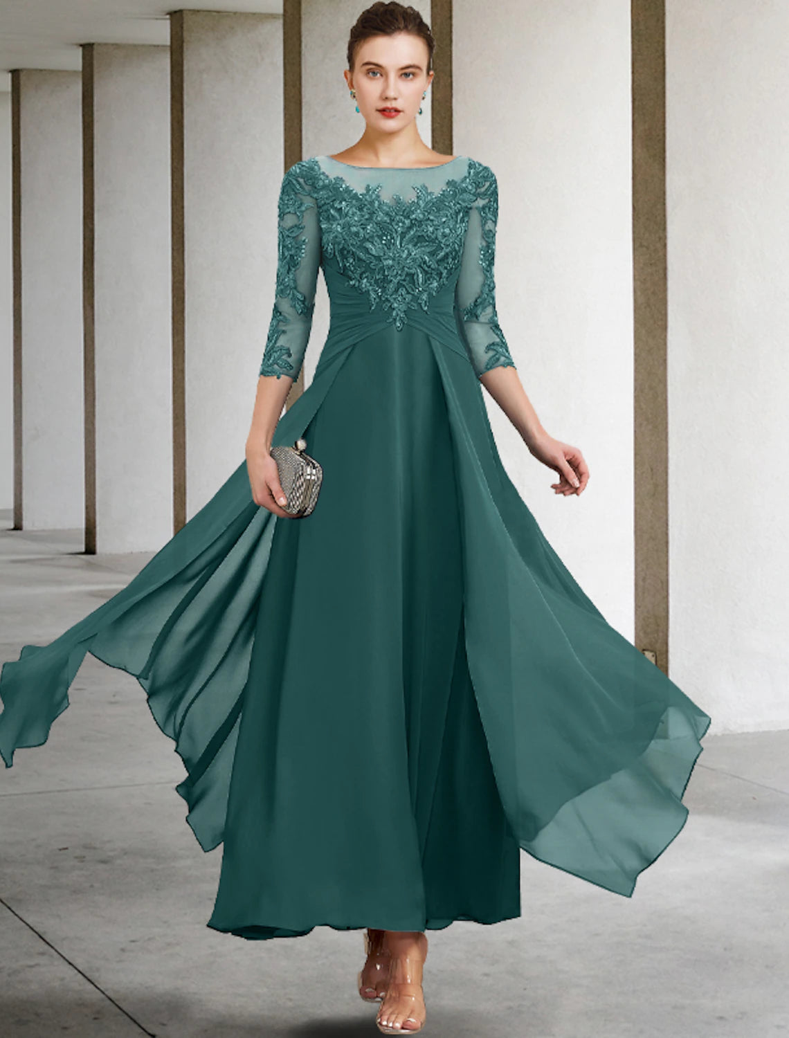 A-shaped Bride Mom Dress Wedding Guests Elegant and Minimalist Jewelry Collar and Ankle Chiffon Lace 3/4 Long Sleeves with Folded Sequin Stickers
