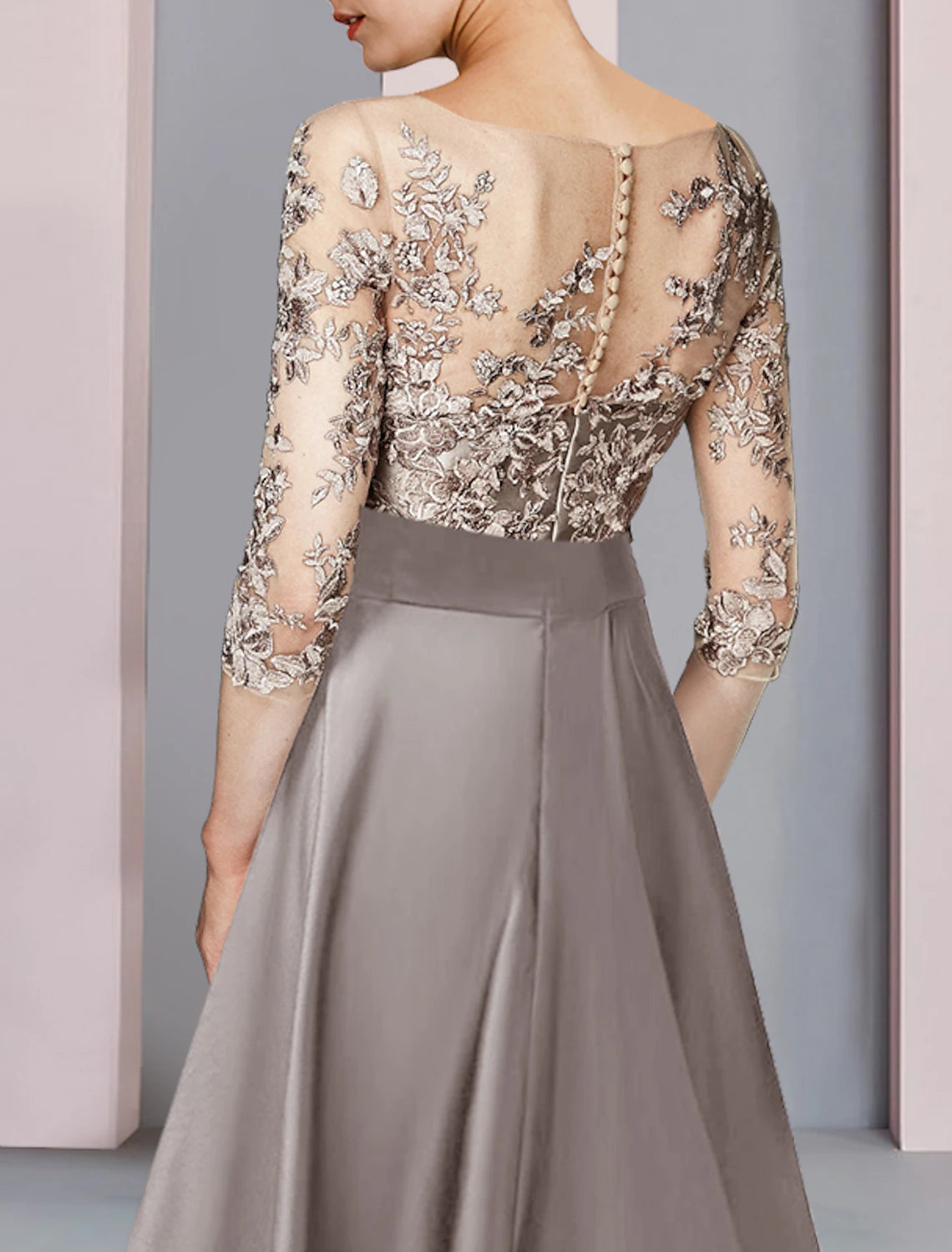 A-shaped Bride Mom Dress Wedding Guests Elegant Low Round Neck Tea Long Satin Lace Half Sleeve Bow Sticker