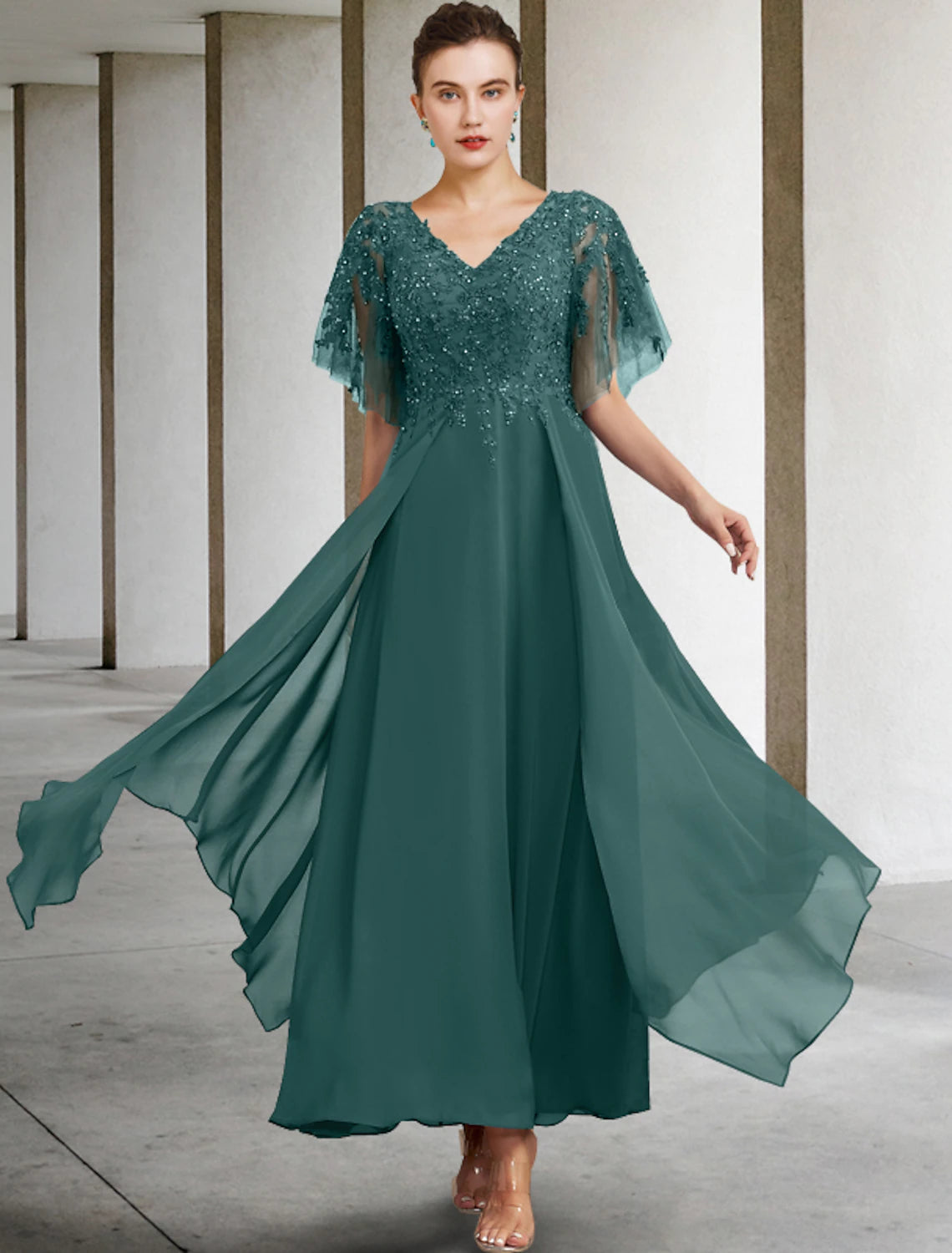 A-line curve bride's mother dress elegant gemstone collar and ankle chiffon lace short sleeved with sequin inlay