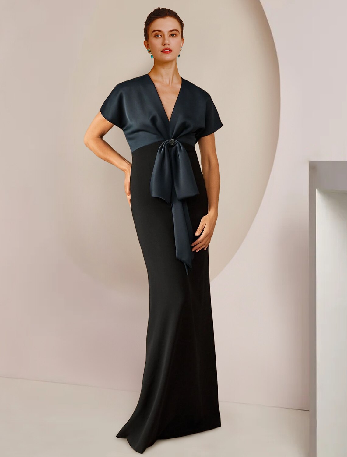 Protective Column Bride Mother Dress Formal Wedding Guests Elegant and Elegant Gemstone Neck to Floor Length Satin Short Sleeves with Bow Color Blocks