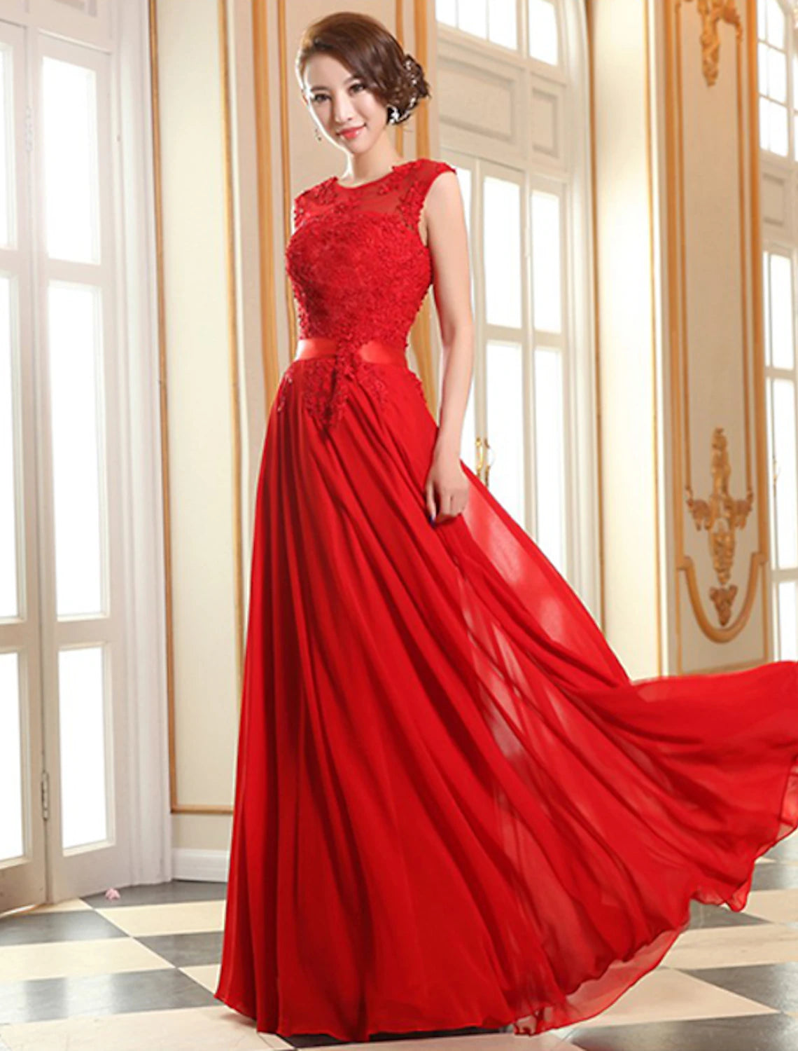 A-line Evening Dress Elegant Decal Dress Wedding Guest Ball and Floor Length Sleeveless Perspective Collar Bridesmaid Dress Georgette
