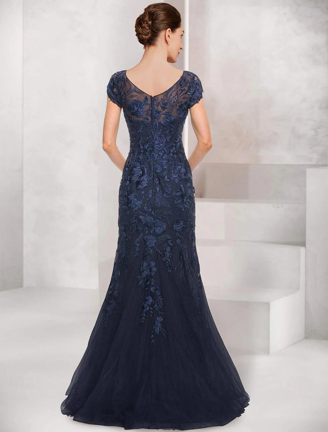 Bride Mom Mermaid Loudspeaker Dress Elegant Black Dress V-neck Floor Chiffon Cap Sleeves Lace Ruffle