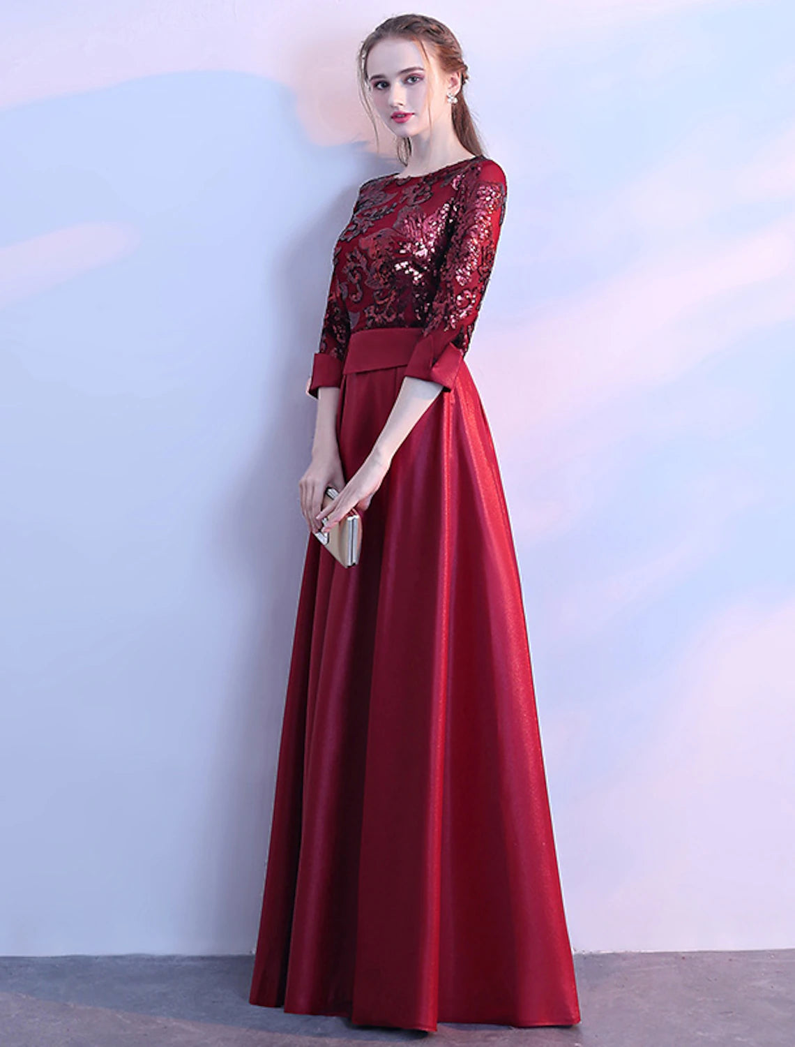 A-shaped Elegant Bridesmaid Dress with Jewel Neck Long Sleeves Beautiful Back Floor to Floor Length Satin sheer sequin ribbons pleats