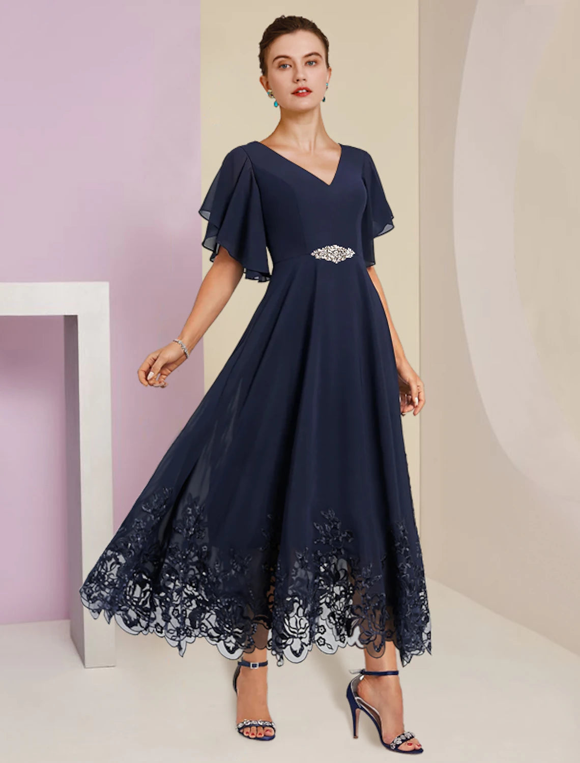 A-shaped Bride Mom Dress Formal Wedding Elegant and dignified V-neck Tea Long Chiffon Lace Short Sleeves with Applique Crystal Breast Pin