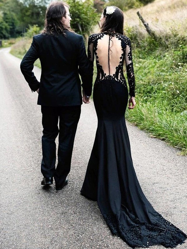 Pillar elastic sexy lace long sleeved and floor to floor formal dance dress