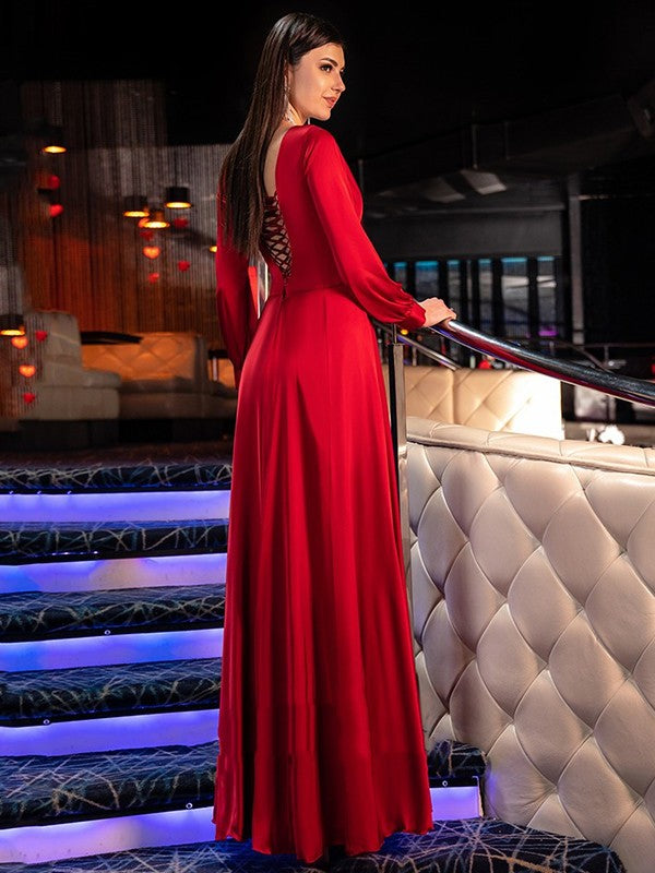A-line elegant princess satin chiffon ruffled V-neck long sleeved floor dress