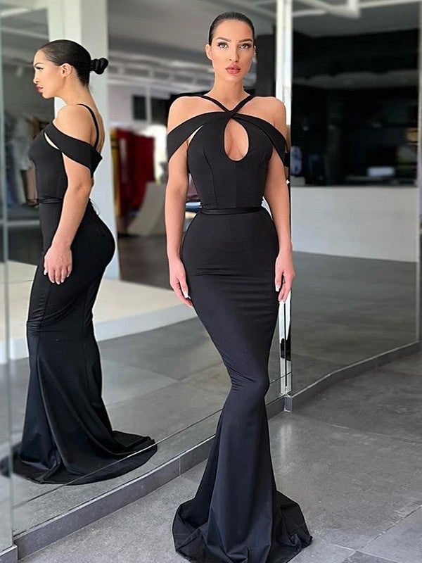 Horn shaped mermaid elastic round neck off the shoulder sleeveless sweeping shoulder train skirt