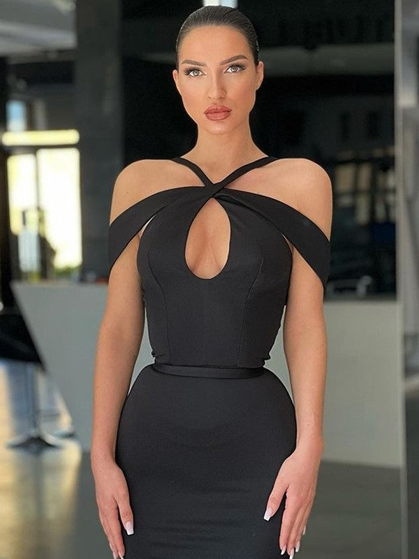 Horn shaped mermaid elastic round neck off the shoulder sleeveless sweeping shoulder train skirt