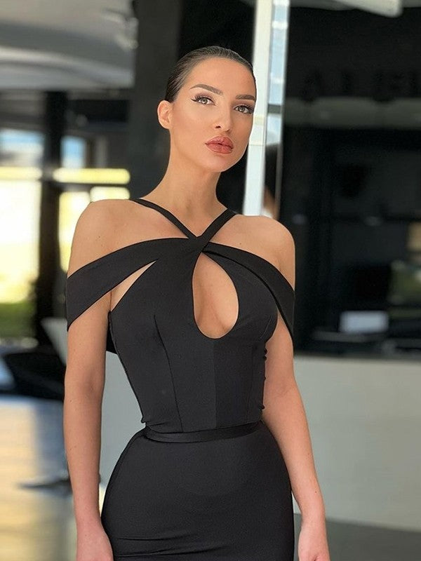 Horn shaped mermaid elastic round neck off the shoulder sleeveless sweeping shoulder train skirt