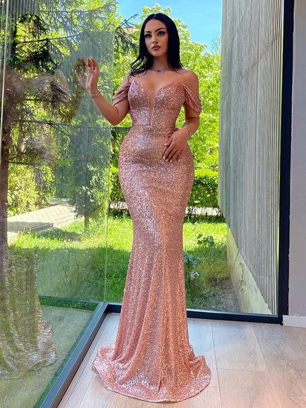 Pillar sequin sexy off the shoulder sleeveless sweeping brush style dress