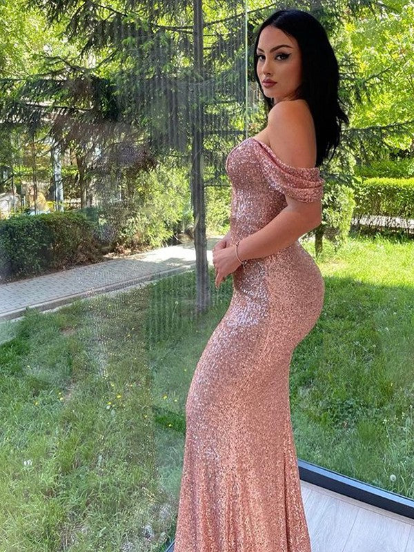 Pillar sequin sexy off the shoulder sleeveless sweeping brush style dress