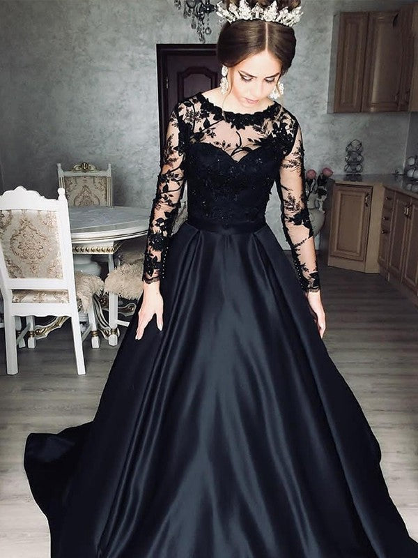 A-line elegant princess satin lace beto long sleeved strapless dress