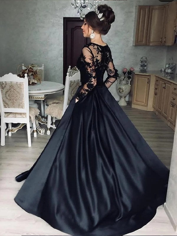 A-line elegant princess satin lace beto long sleeved strapless dress