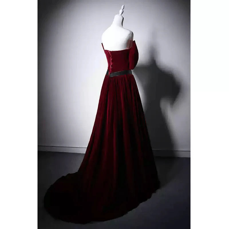 Red Velvet Evening Dress with Bow Off the Shoulder Evening Gown Evening Dress Red Colour with Corset Back
