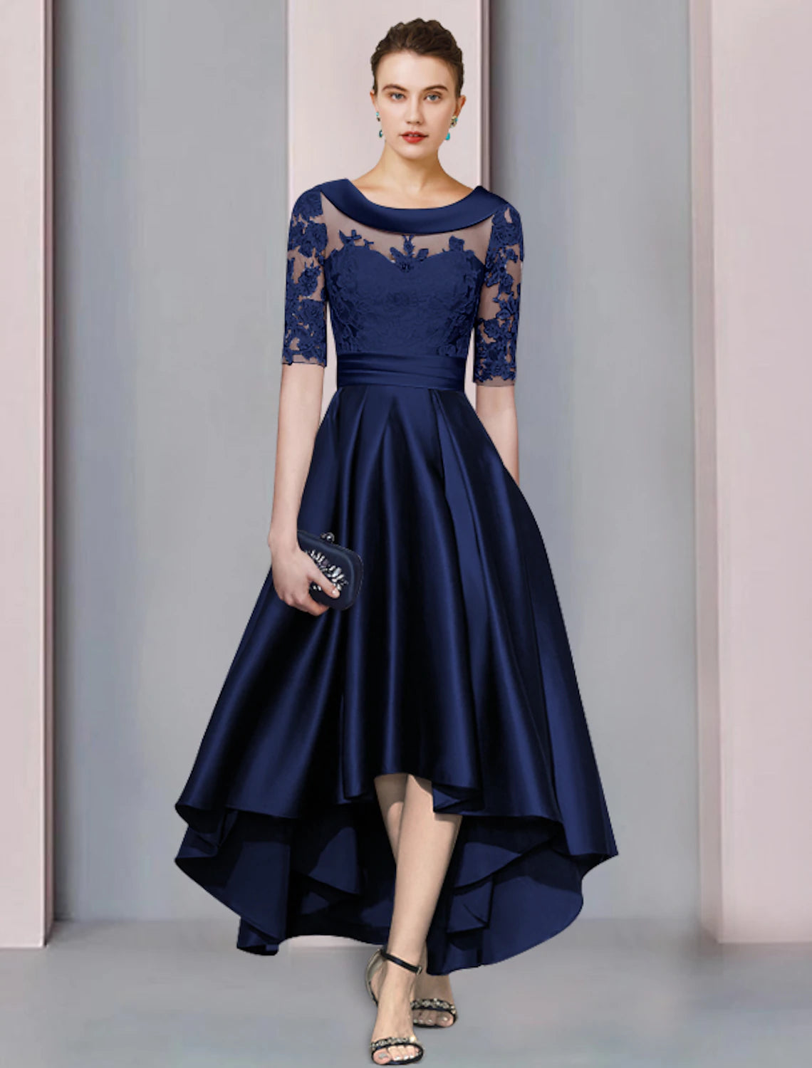 A-shaped Bride Mom Dress Wedding Guests Elegant and Generous High and Low Spoon Neck Asymmetric Tea Length Satin Lace Ribbon Applique