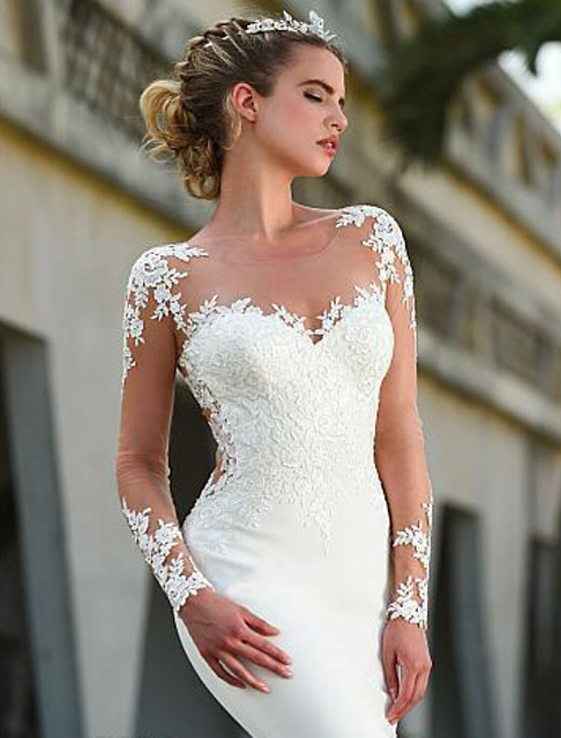 Engagement Backless Formal Wedding Dress Fishtail Horn Phantom Neck Long sleeved Lace Bridal Dress with Stickers
