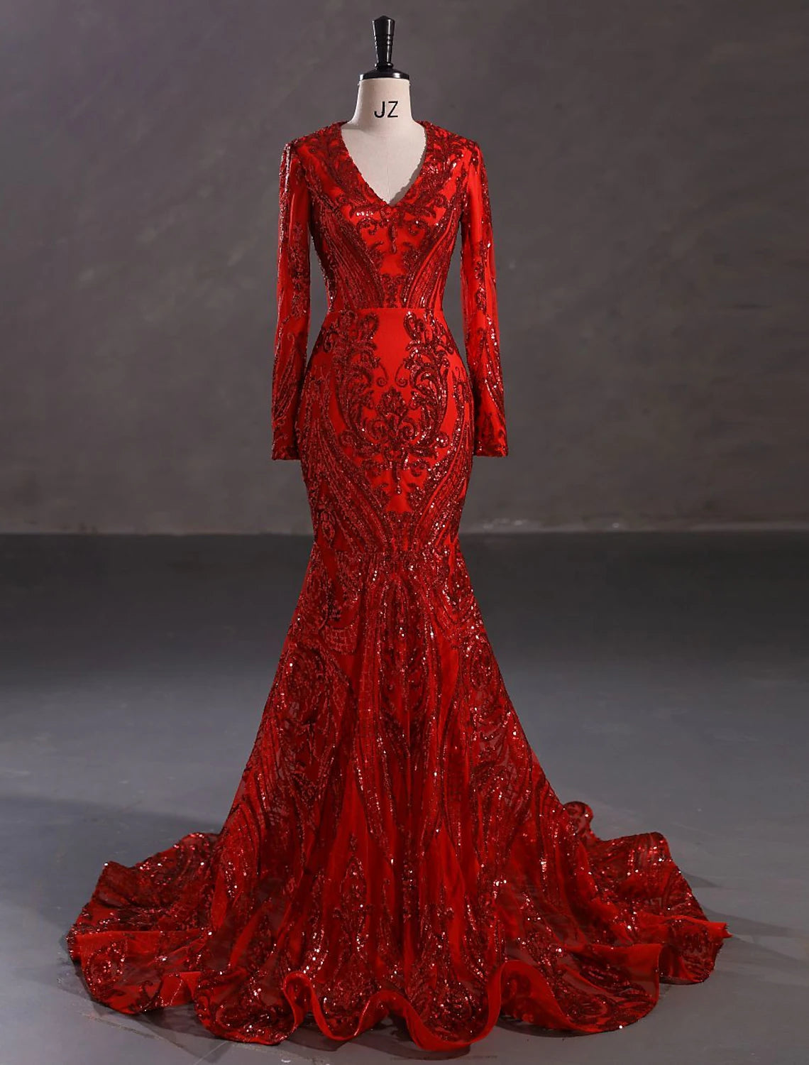 Mermaid Loudspeaker Elegant Evening Dress Carnival Long sleeved V-neck African American Lace with Sequins