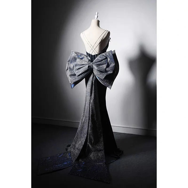 Sapphire Blue Velvet Backless Formal Dress With Bow Tie Evening Gown