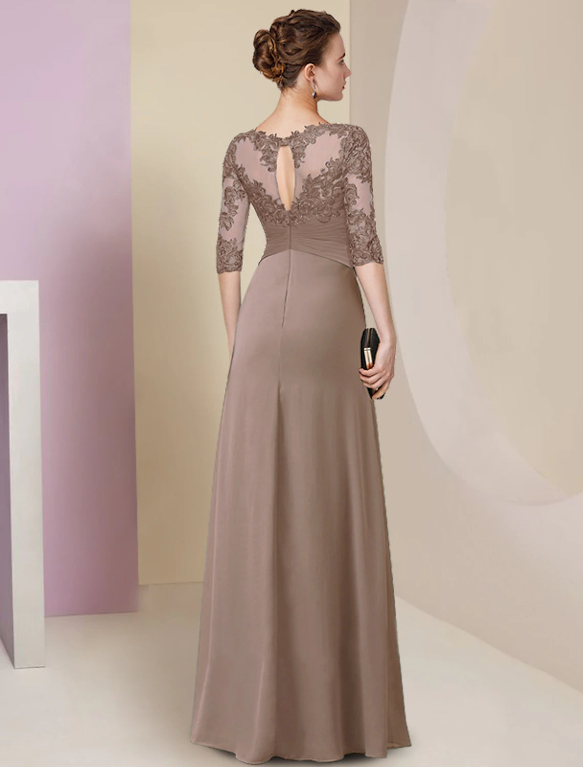 Set column bride mother dress elegant, simple and generous jewelry collar and floor length chiffon lace half sleeve pleated solid color