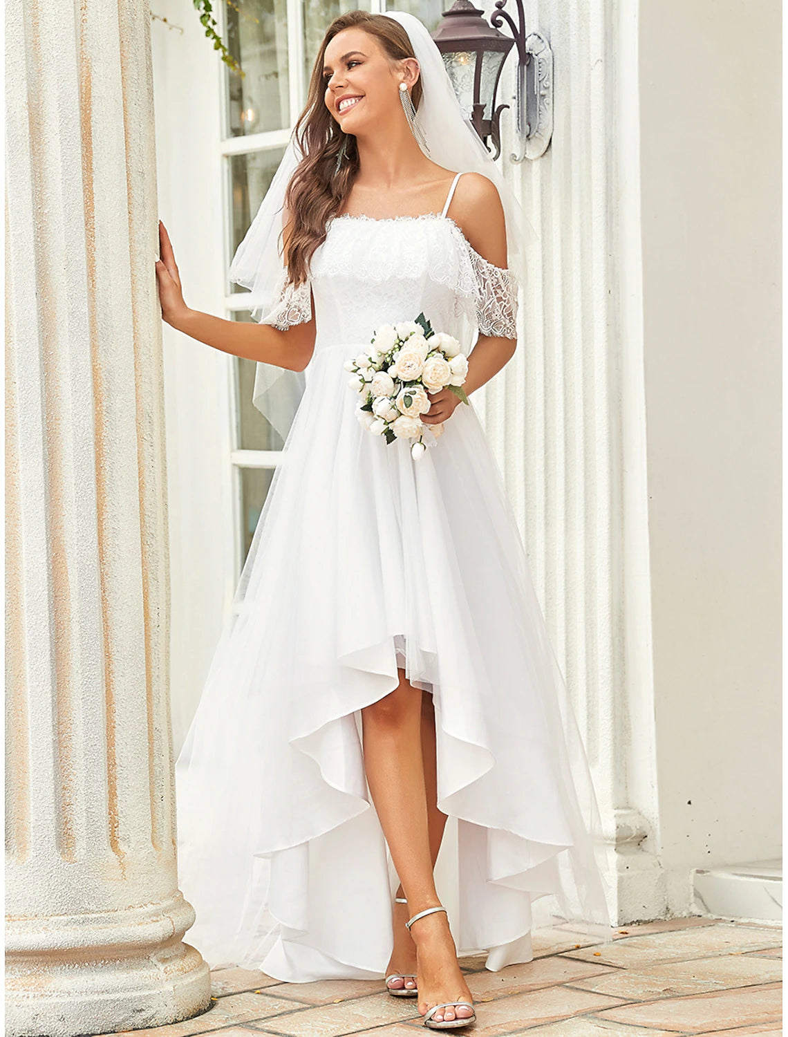 A-line Off Shoulder Short Sleeve Asymmetric Small White Skirt Bohemian Wedding Dress Lace Bridal Dress Lace Drop