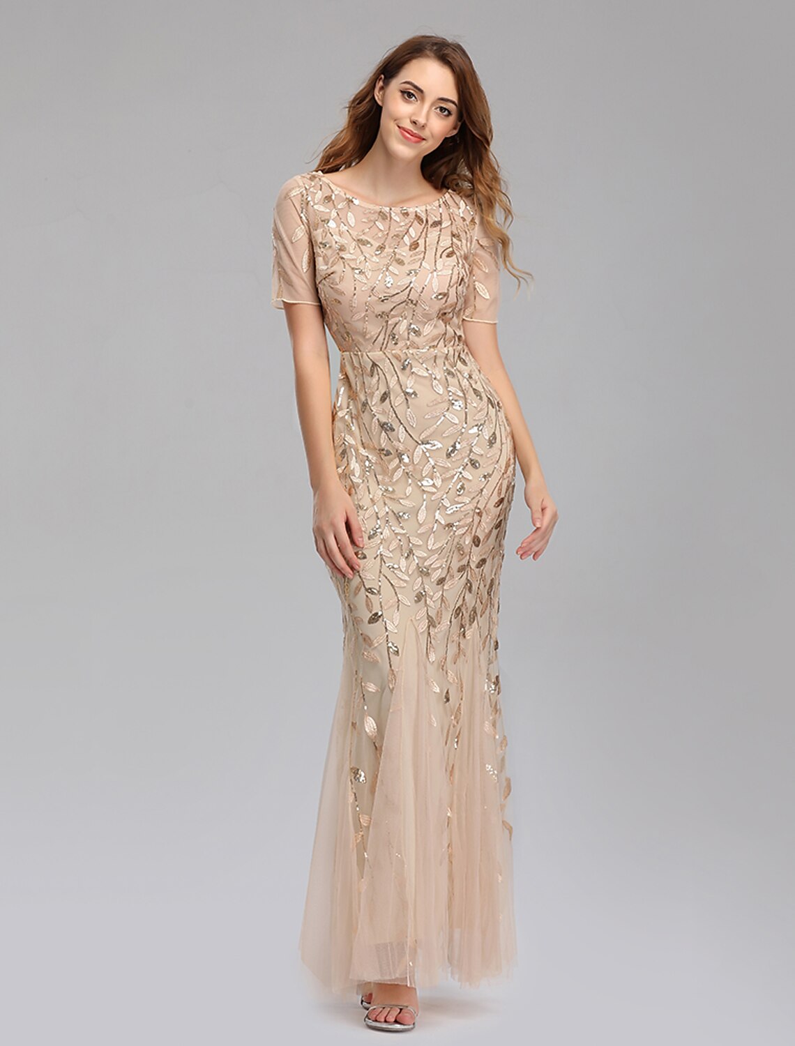 Mermaid Evening Dress Ball and Floor Length Short sleeved Jewelry Collar Autumn Wedding Guests Embroidered Thin Gauze
