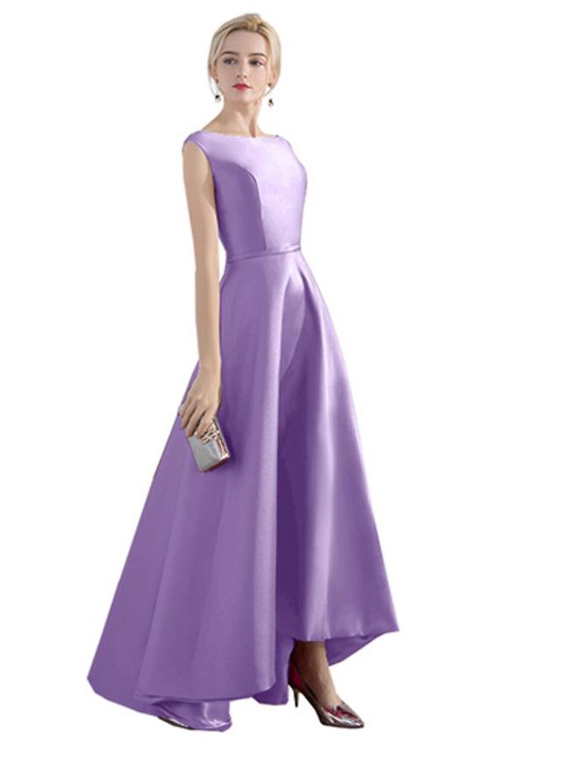 A-line Evening Dress Wedding Guest Party Asymmetric Sleeveless Jewel Neck Satin Fashion