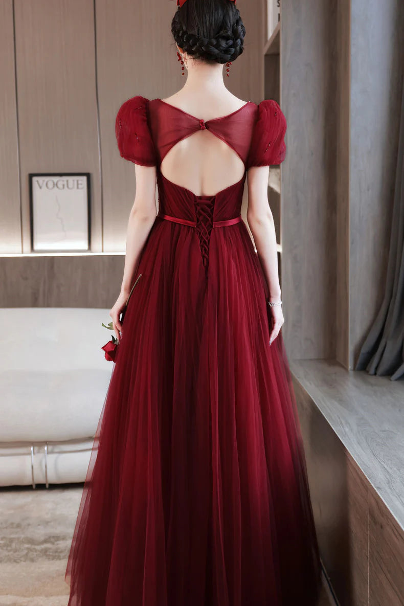Princess Burgundy A-line Tulle Long Evening Dress