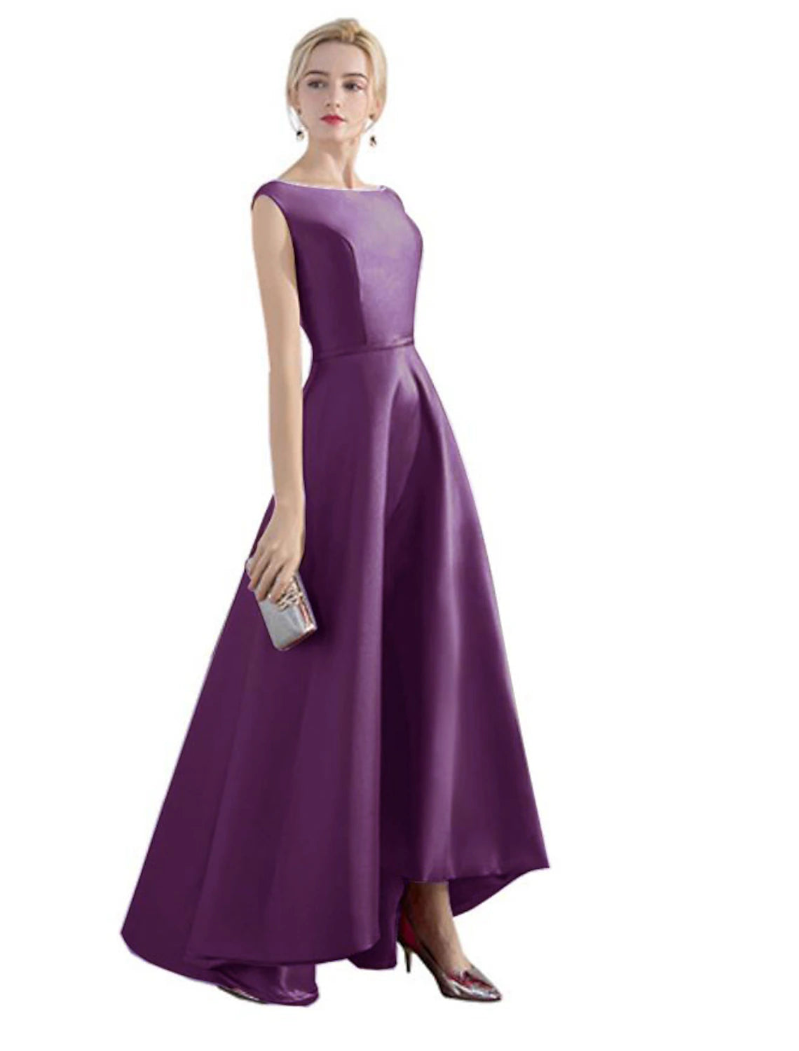 A-line Evening Dress Wedding Guest Party Asymmetric Sleeveless Jewel Neck Satin Fashion