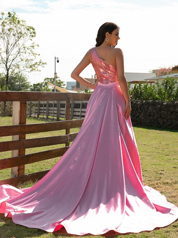 Elegant Princess Elastic Woven Satin Sequin One Shoulder Sleeveless Dress