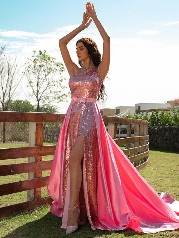 Elegant Princess Elastic Woven Satin Sequin One Shoulder Sleeveless Dress