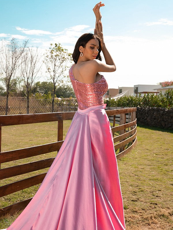 Elegant Princess Elastic Woven Satin Sequin One Shoulder Sleeveless Dress