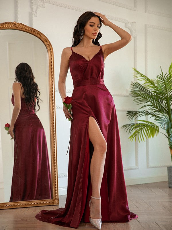 A-line skirt princess silk satin V-neck sleeveless sexy strapless skirt