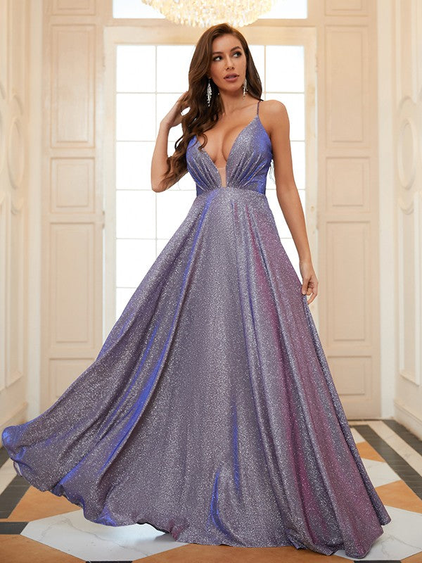 A-line elegant princess style pleated V-neck sleeveless floor length dress