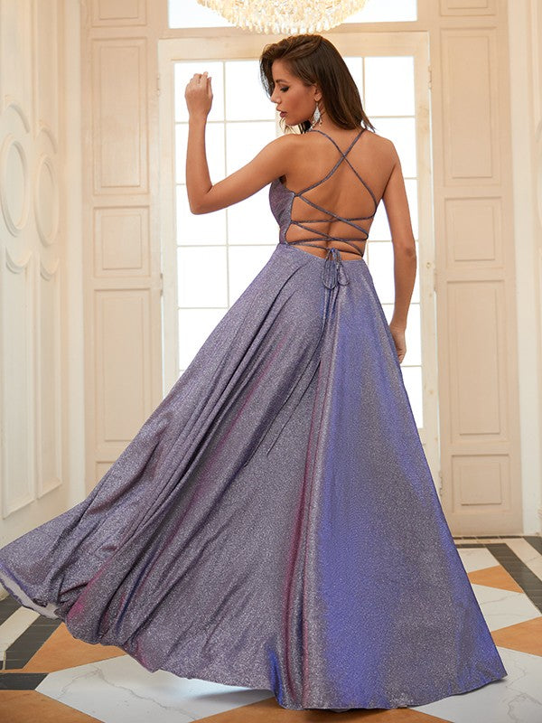 A-line elegant princess style pleated V-neck sleeveless floor length dress