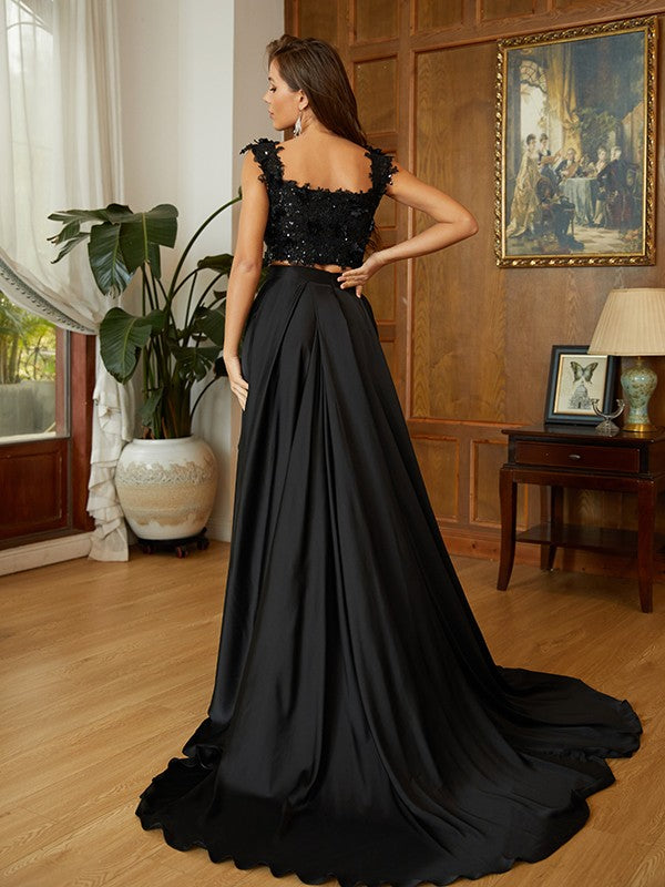 Princess style elastic woven satin patch off shoulder sleeveless floral drag two piece dress