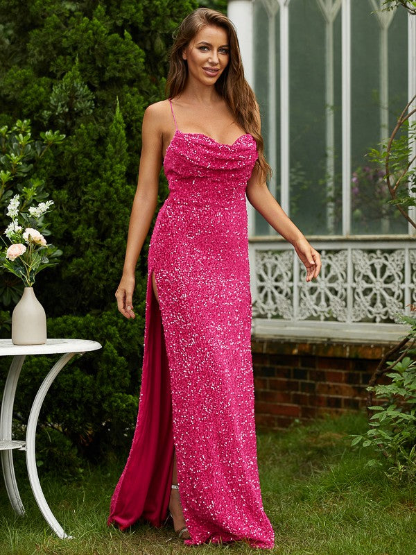 Slim fit column pleated thin shoulder strap sleeveless and floor length evening party dress