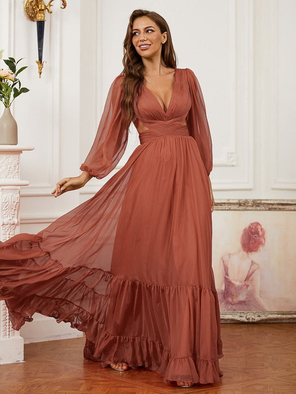 A-line Princess Dress Chiffon Ruffle Edge V-neck Long sleeved Bra Dress