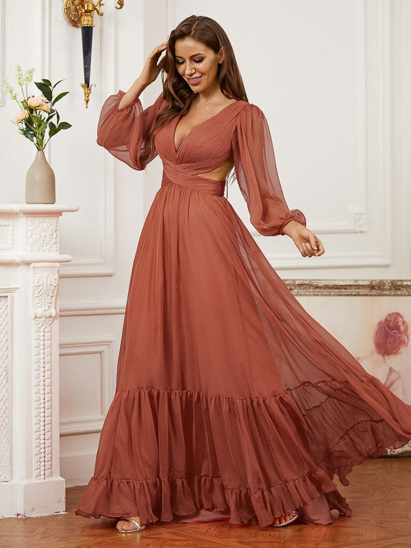 A-line Princess Dress Chiffon Ruffle Edge V-neck Long sleeved Bra Dress