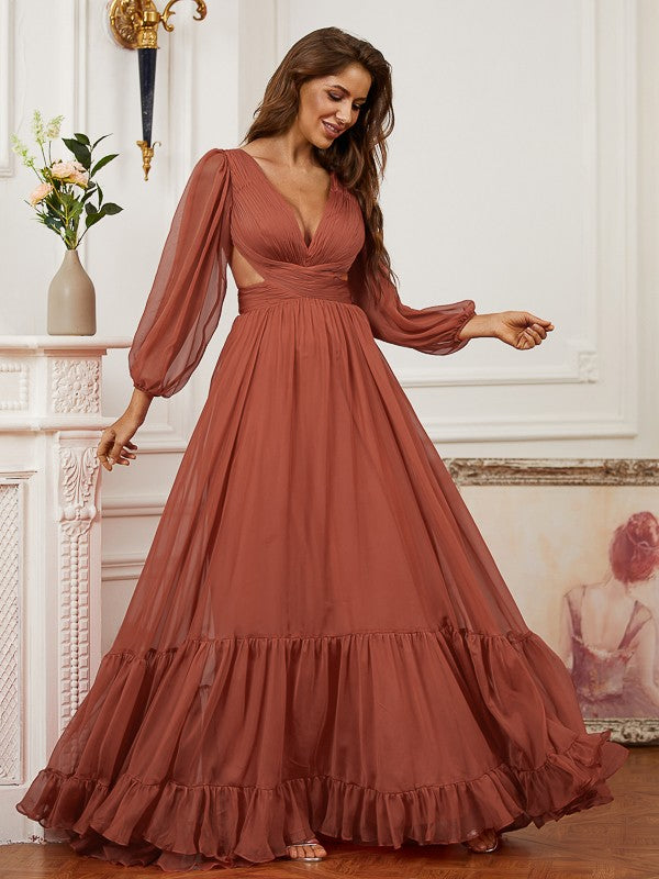 A-line Princess Dress Chiffon Ruffle Edge V-neck Long sleeved Bra Dress