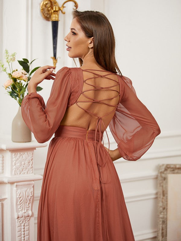 A-line Princess Dress Chiffon Ruffle Edge V-neck Long sleeved Bra Dress