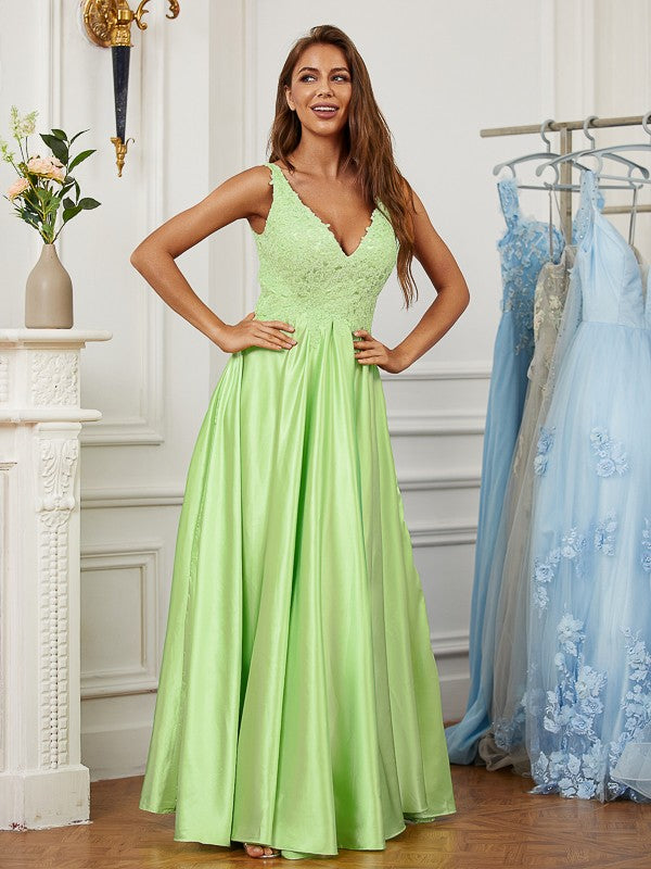A-shaped princess style elastic woven satin lace V-neck sleeveless ground length skirt