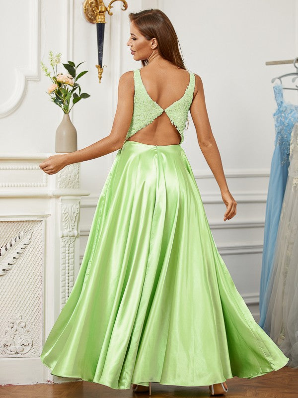 A-shaped princess style elastic woven satin lace V-neck sleeveless ground length skirt