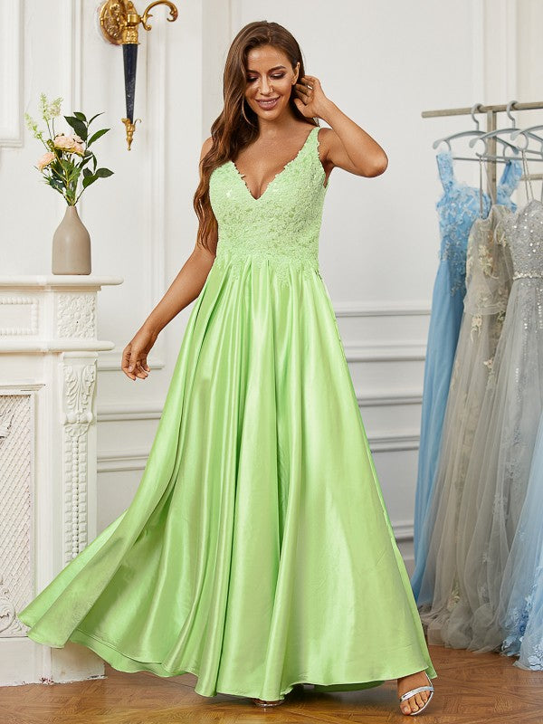 A-shaped princess style elastic woven satin lace V-neck sleeveless ground length skirt
