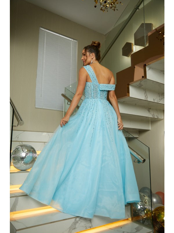 A-line Princess Organza Beaded Bust Sleeveless Floor Dress