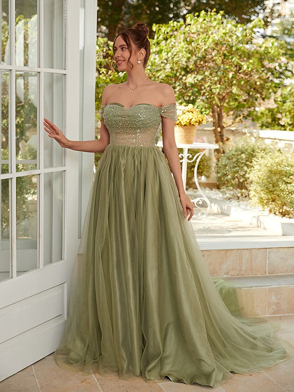 A-line skirt sweet princess sheer off shoulder sleeveless palace dress