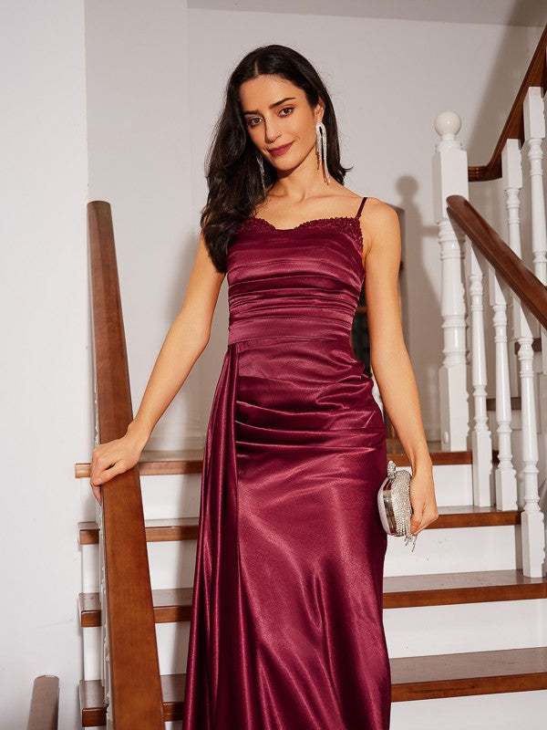 Cylindrical elastic woven satin pleated Italian spaghetti strap sleeveless brush style skirt
